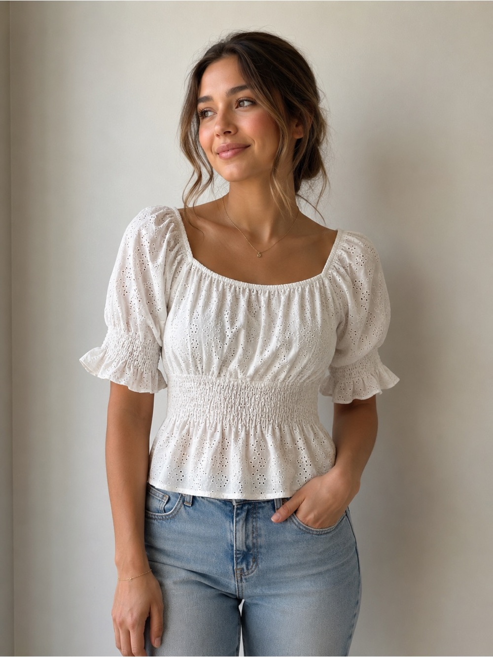 URBAN Romantics Boho Flowy Casual Lightweight White Eyelet Blouse